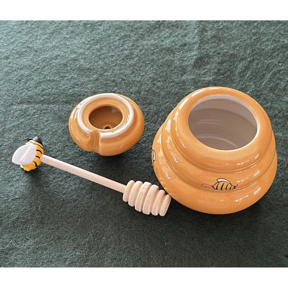 Mini Honey Pot Ceramic Jar & Wood Dipper Joie MSC Beehive with Bee Dipper